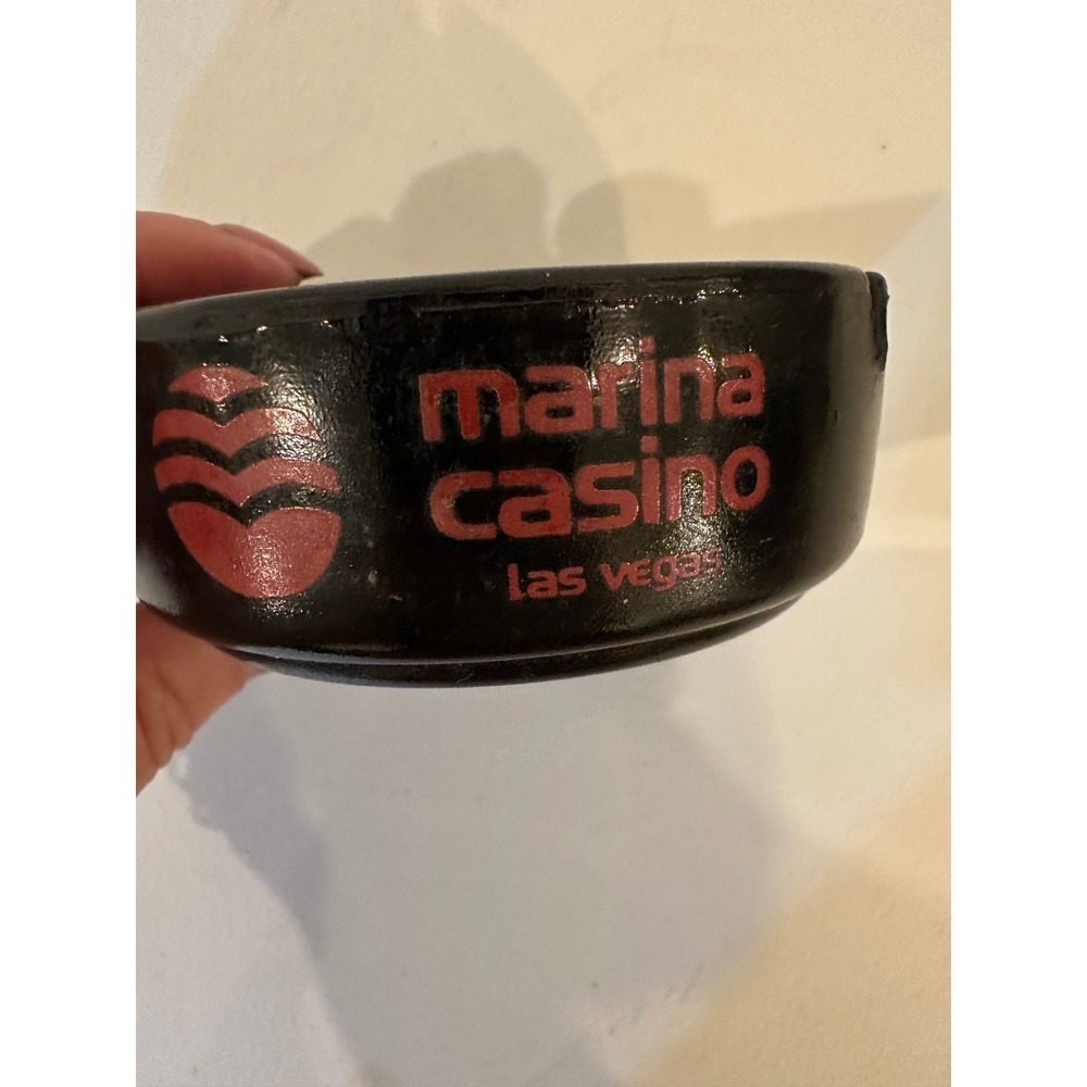 Vintage Marina Casino Las Vegas Black Ceramic Ashtray Red Logo Collectible 3.5"
